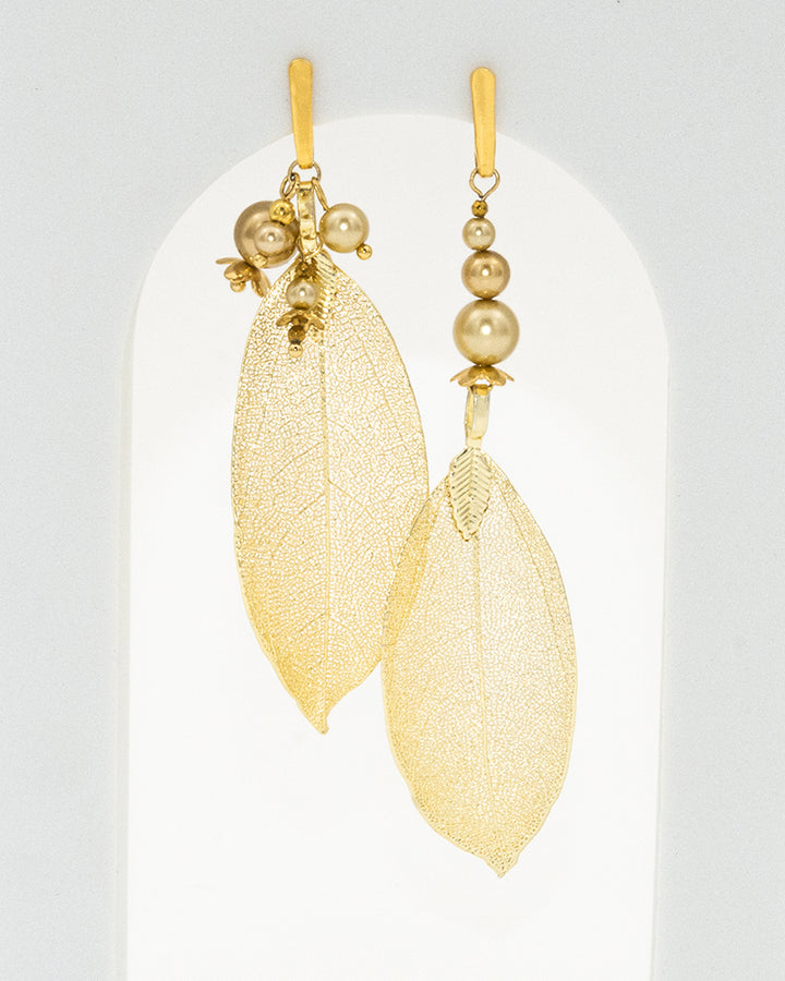 Fall For Me Gold Earrings - Cercei, Frunze Naturale Placate, Perle