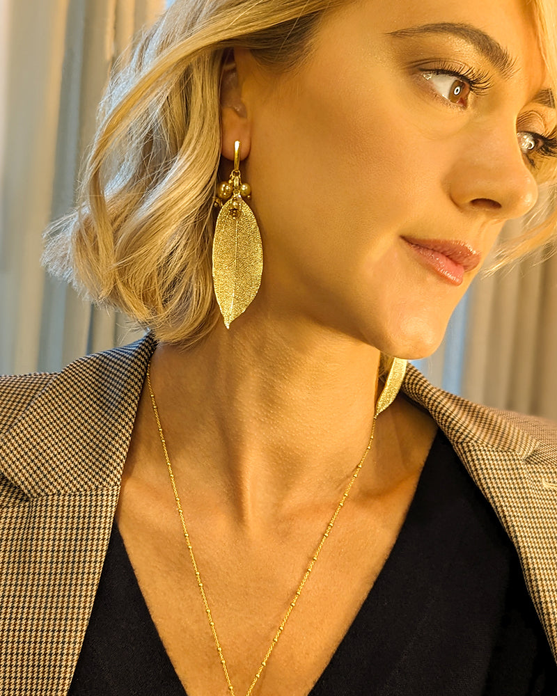 Fall For Me Gold Earrings - Cercei, Frunze Naturale Placate, Perle