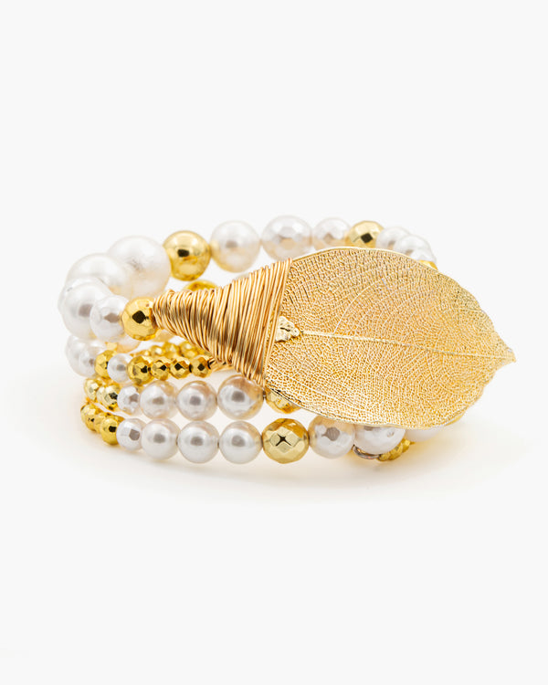 Be Timeless White & Gold - Bratara, Perle, Frunza Naturala Placata