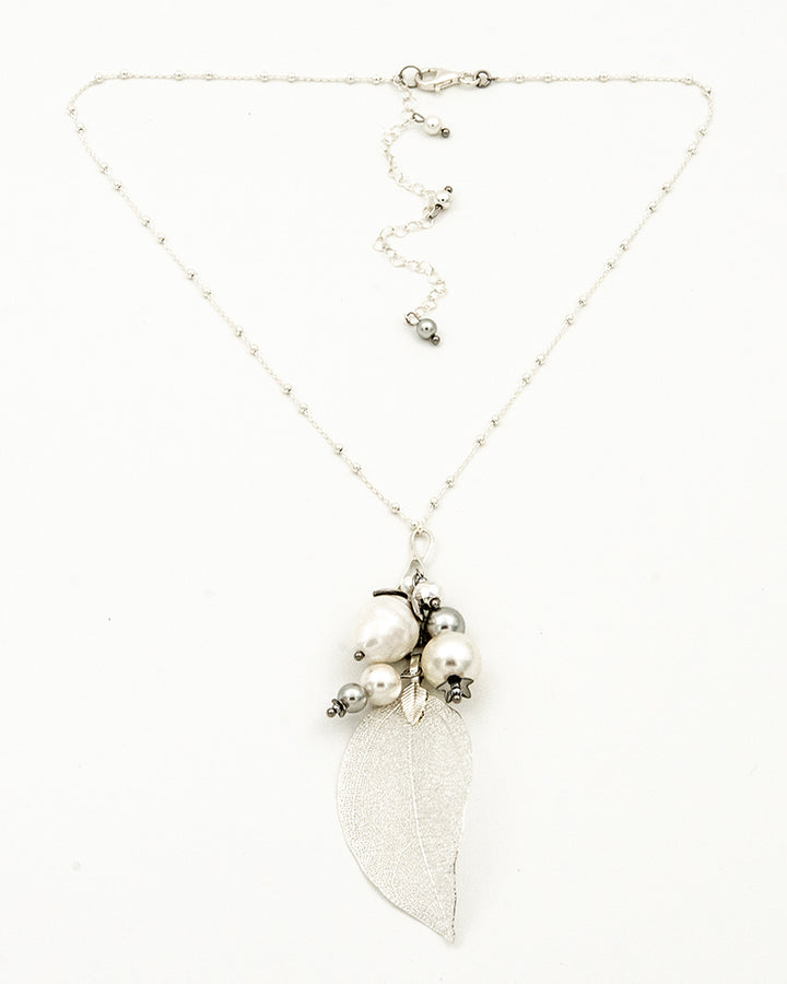 Fall For Me Silver Necklace - Colier Pandantiv, Frunze Naturale Placate, Perle, Arg 925