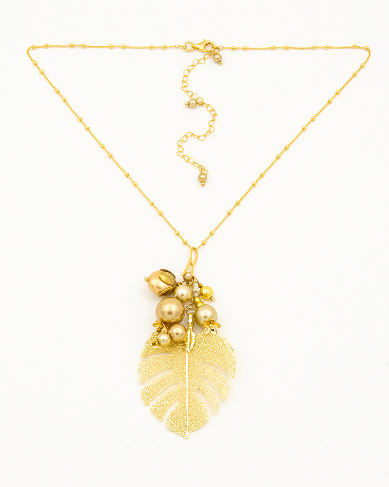 Gold Monstera Necklace -  Colier Pandantiv, Frunze Naturale Placate, Perle, Arg 925
