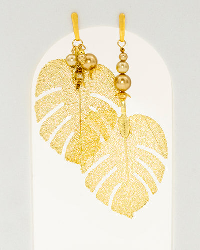 Monstera Gold - Cercei, Frunze Naturale Placate, Perle