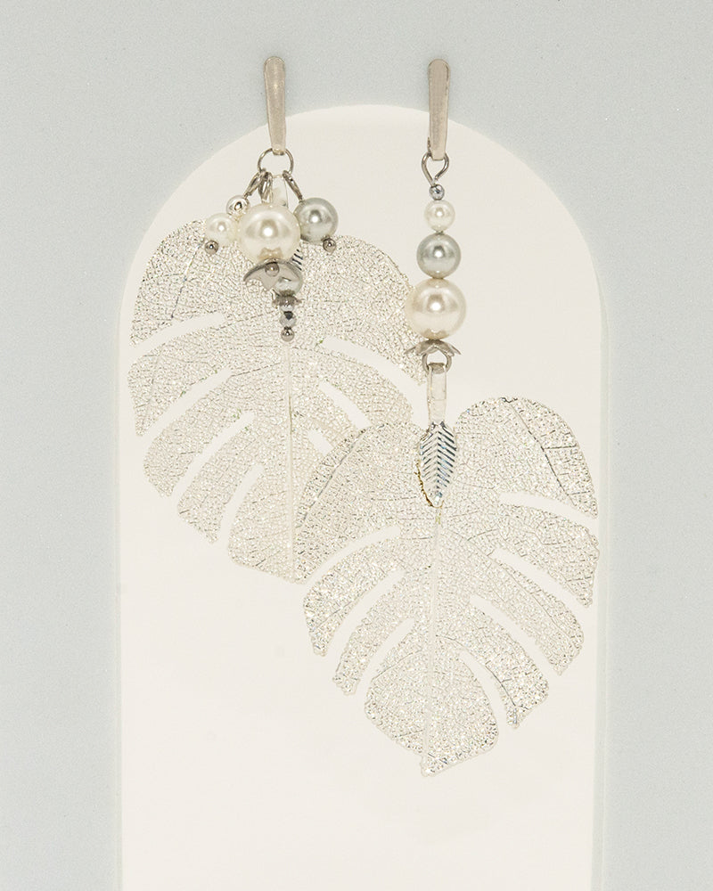 Silver Monstera Earrings - Cercei, Frunze Naturale Placate, Perle, Arg 925