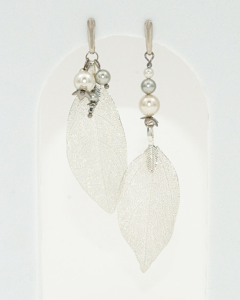 Fall For Me Silver Earrings - Cercei, Frunze Naturale Placate, Perle, Arg 925