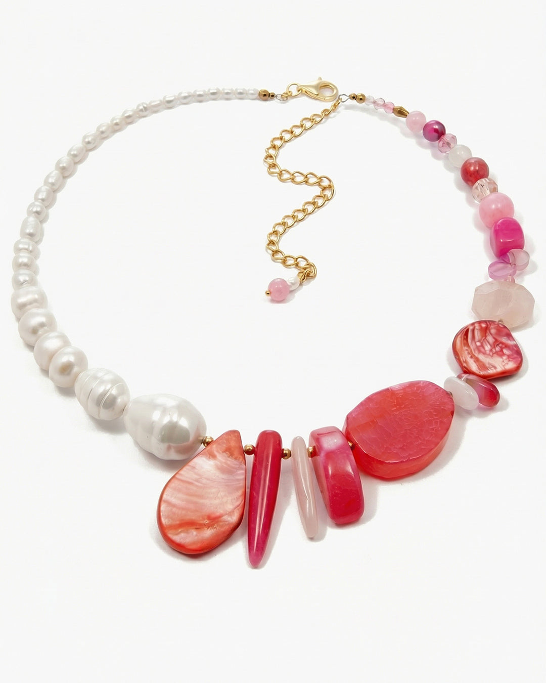 colier statement, perle naturale, pietre semipretioase, cuart roz, cuart, hematit, sidef, perle mallorca, agat, roz