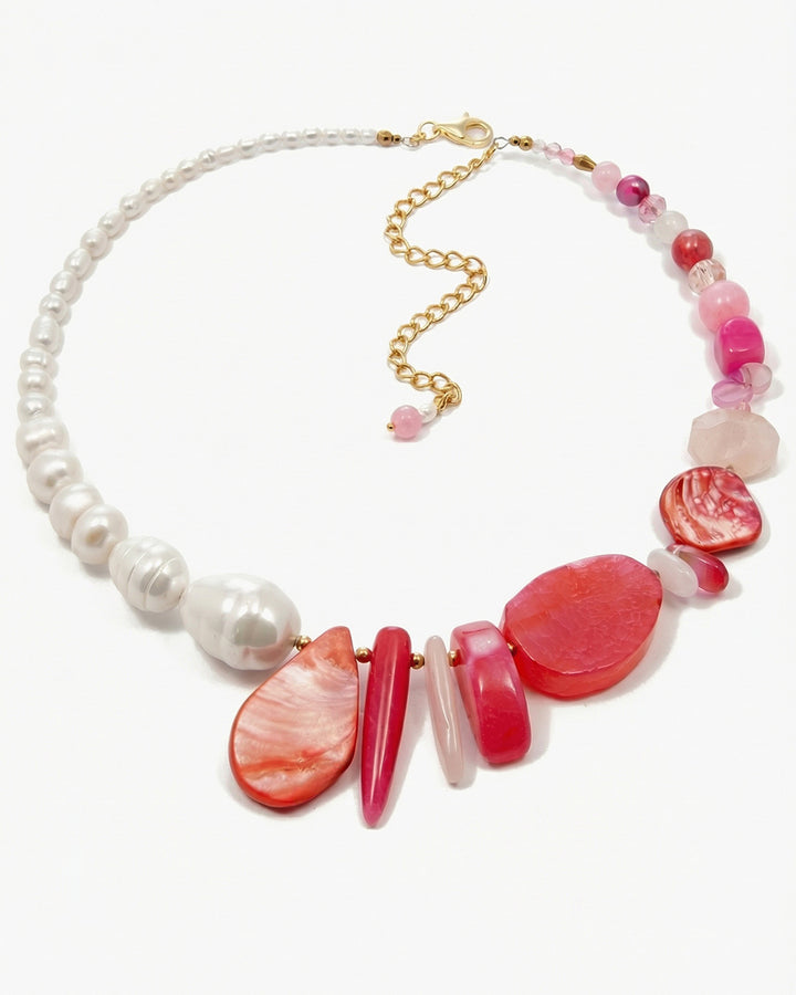 colier statement, perle naturale, pietre semipretioase, cuart roz, cuart, hematit, sidef, perle mallorca, agat, roz