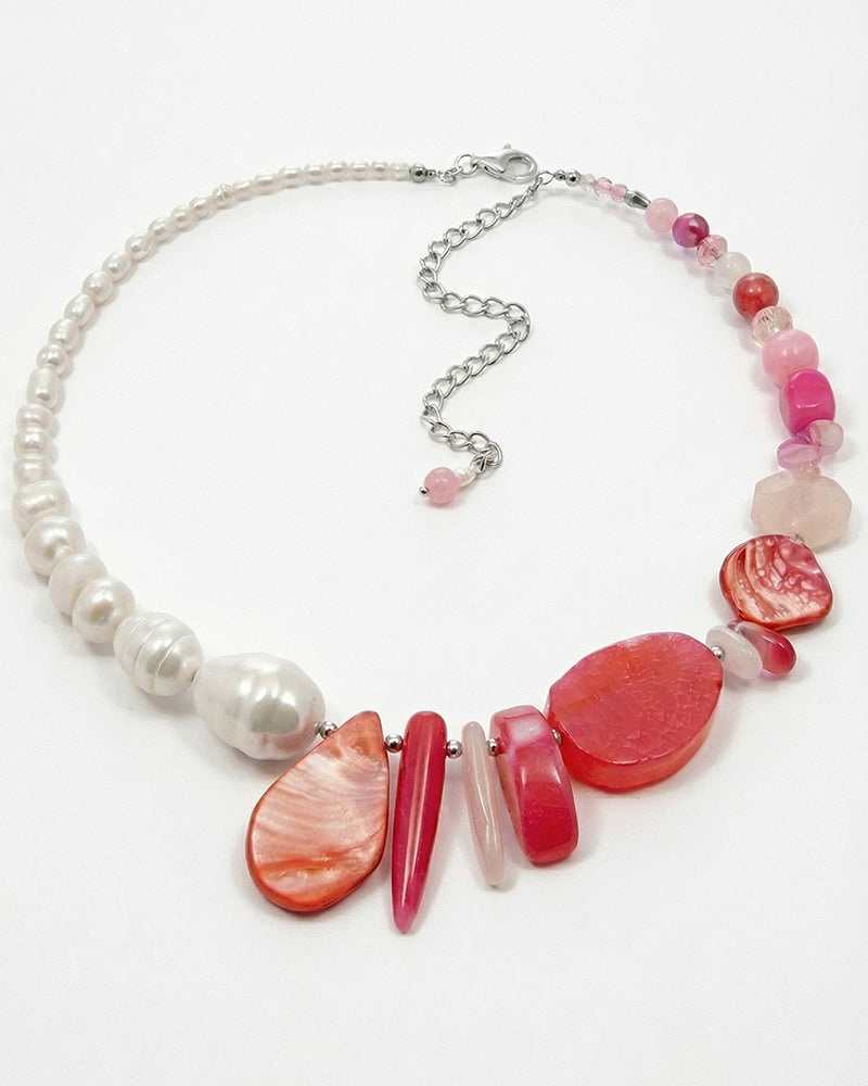 colier statement, perle naturale, pietre semipretioase, cuart roz, cuart, hematit, sidef, perle mallorca, agat, roz