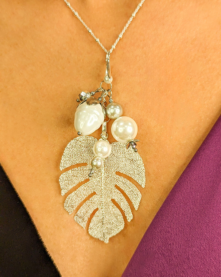 Silver Monstera Necklace - Colier Pandantiv, Frunze Naturale Placate, Perle, Arg 925