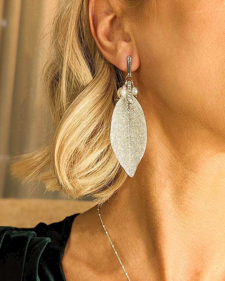 Fall For Me Silver Earrings - Cercei, Frunze Naturale Placate, Perle, Arg 925
