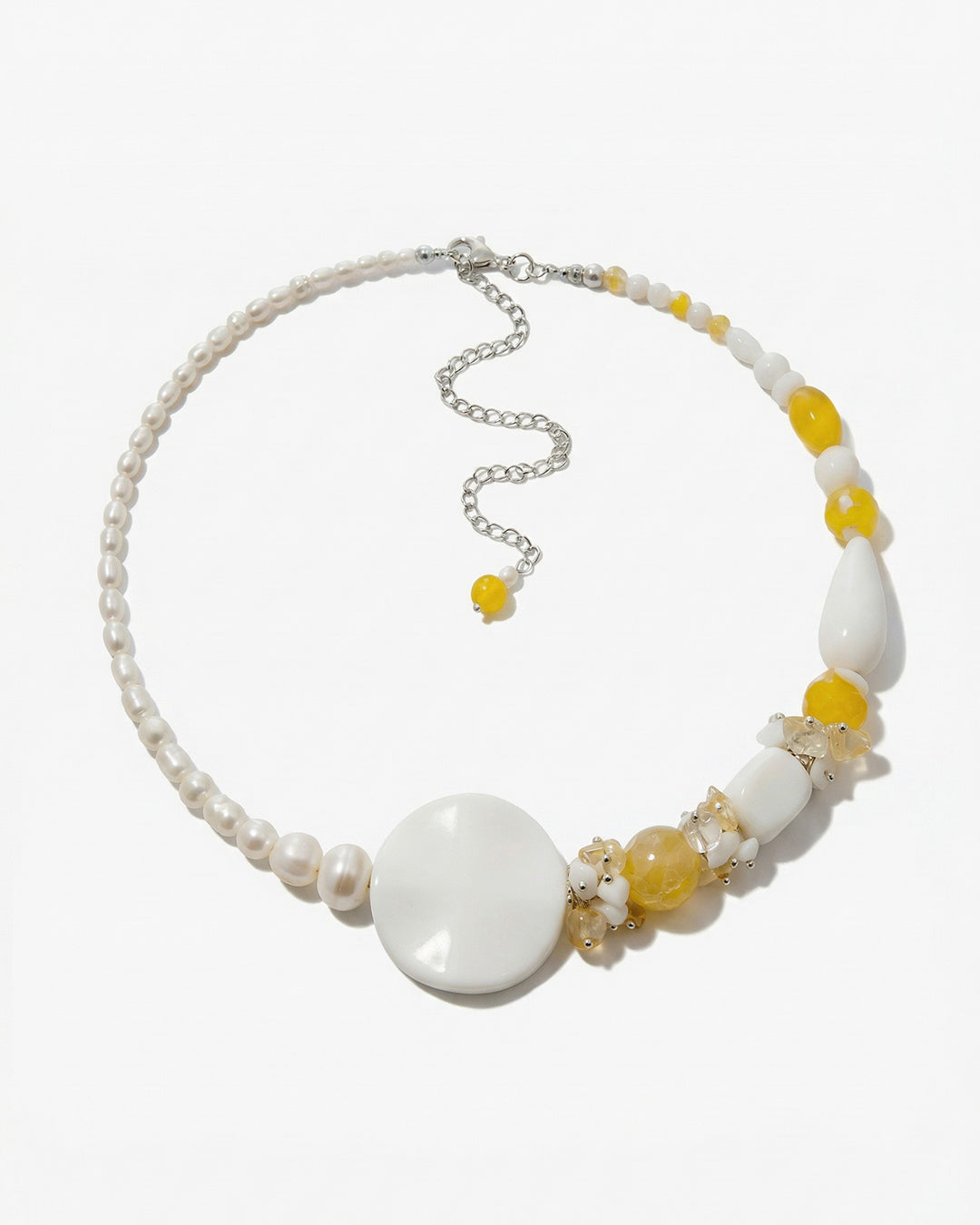colier, perle naturale, pietre semipretioase, hematit, citrin, sidef, agat, ceramica, alb, galben, asimetric