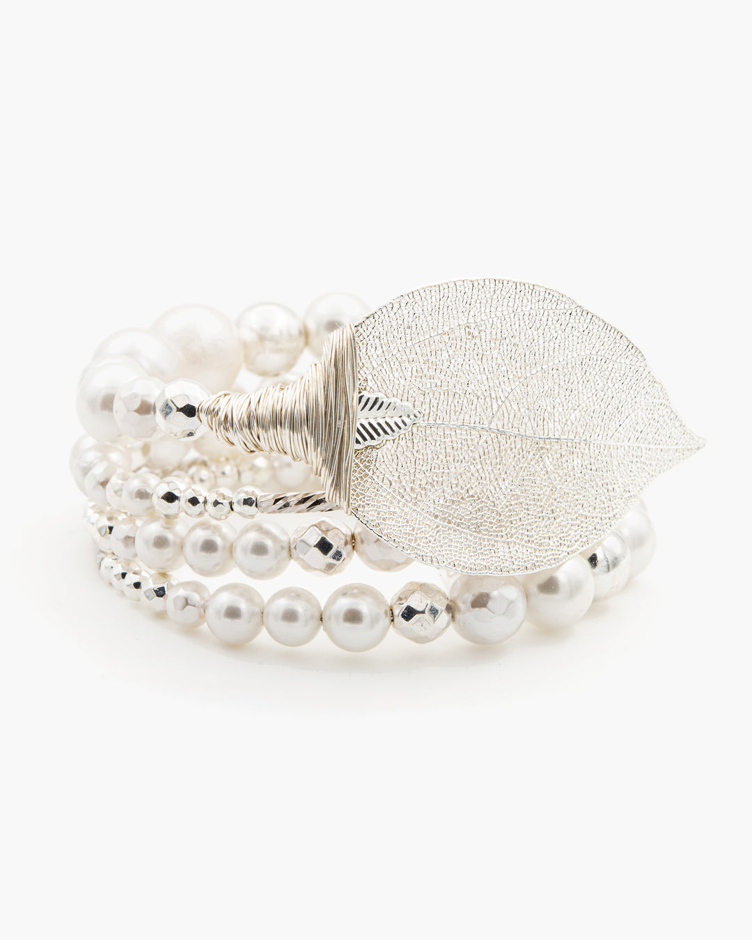Be Timeless White & Silver - Bratara, Perle, Frunza Naturala Placata