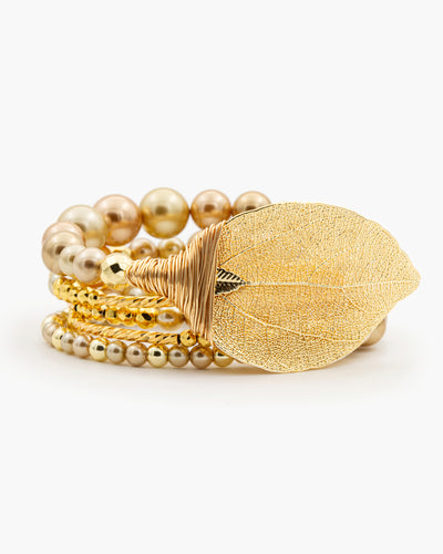 Be Timeless Gold - Bratara, Perle, Frunza Naturala Placata