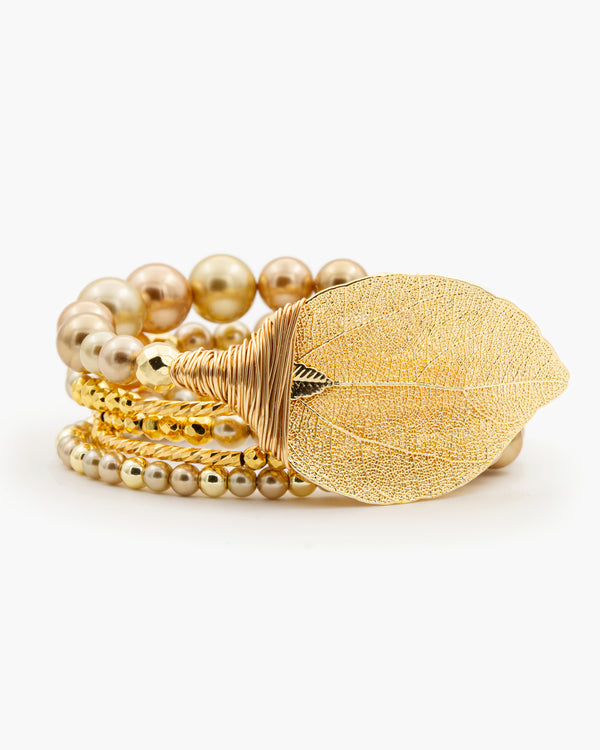 Be Timeless Gold - Bratara, Perle, Frunza Naturala Placata
