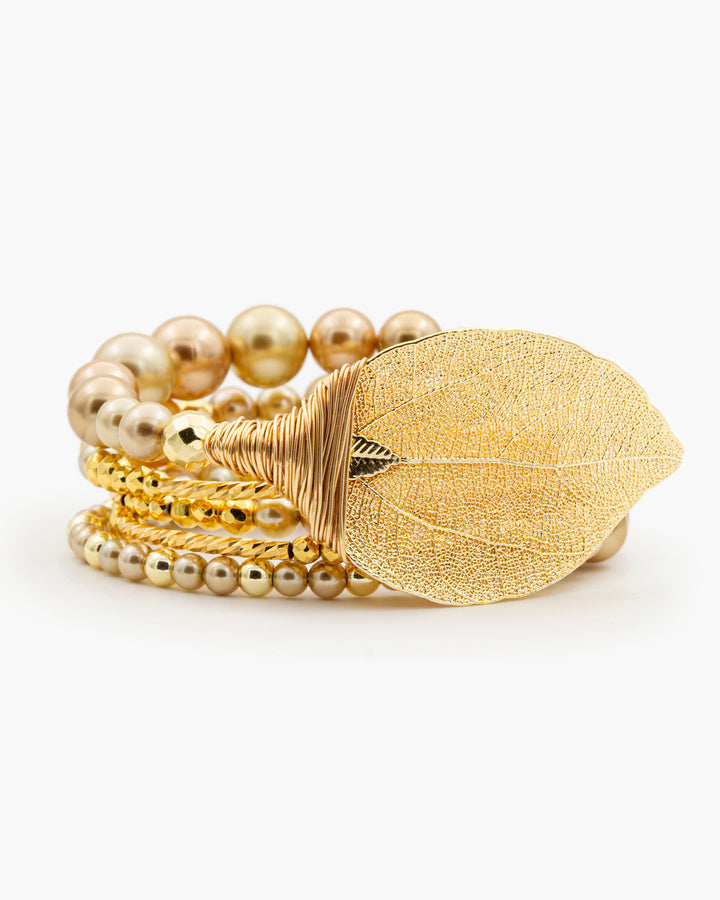 Be Timeless Gold - Bratara, Perle, Frunza Naturala Placata