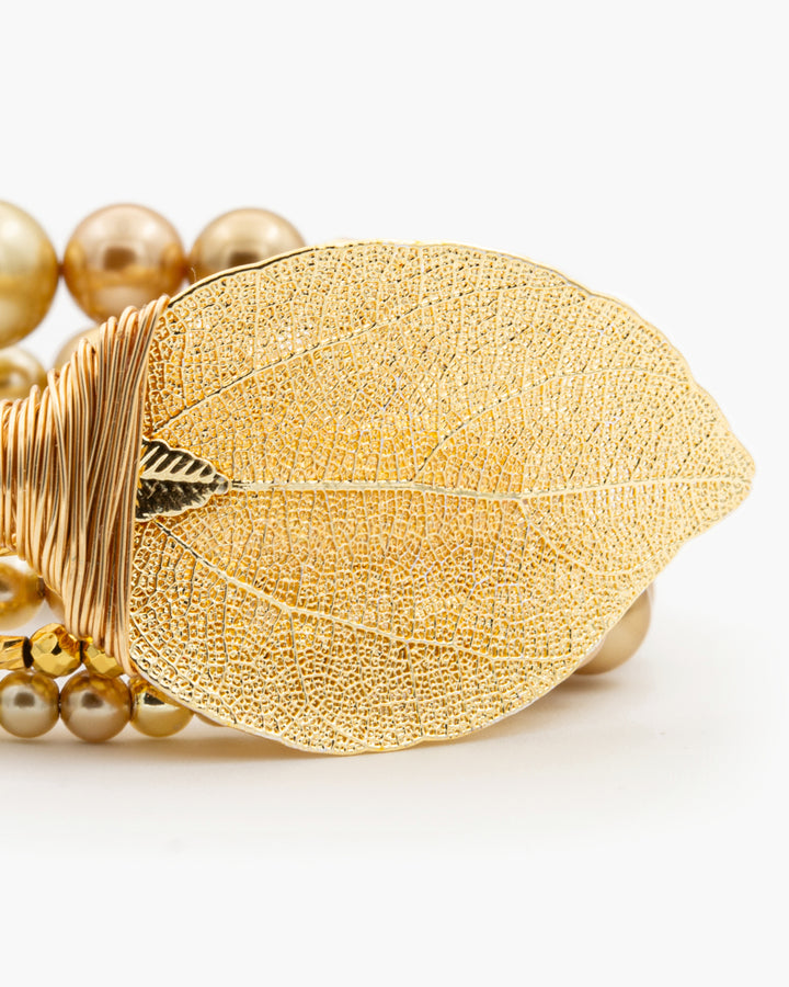 Be Timeless Gold - Bratara, Perle, Frunza Naturala Placata