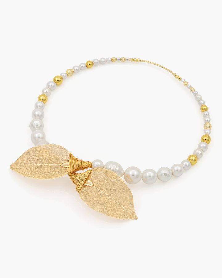 Be Timeless White & Gold - Colier, Perle, Frunze Naturale Placate