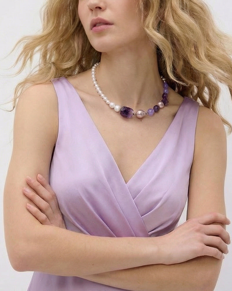 colier, perle naturale, pietre semipretioase, ametist, ametrin, hematit, perle mallorca, agat, alb, mov, violet, asimetric