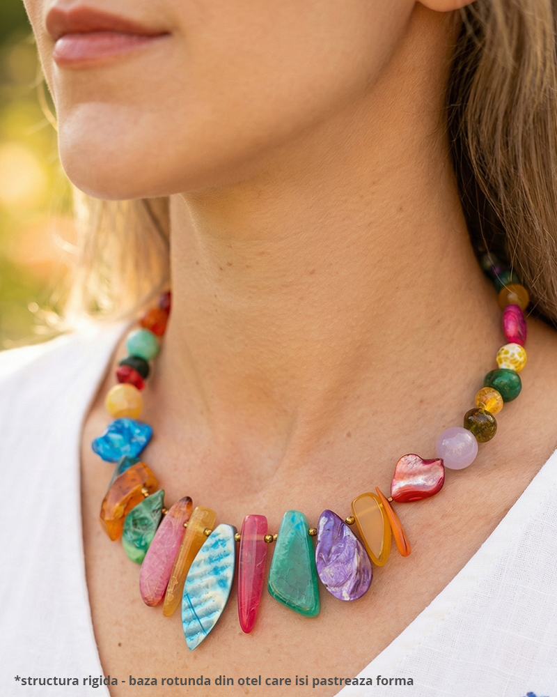 colier statement multicolor, pietre semipretioase, jad, aventurin, crisocola, ametist, cuart cherry, cuart, hematit, sidef