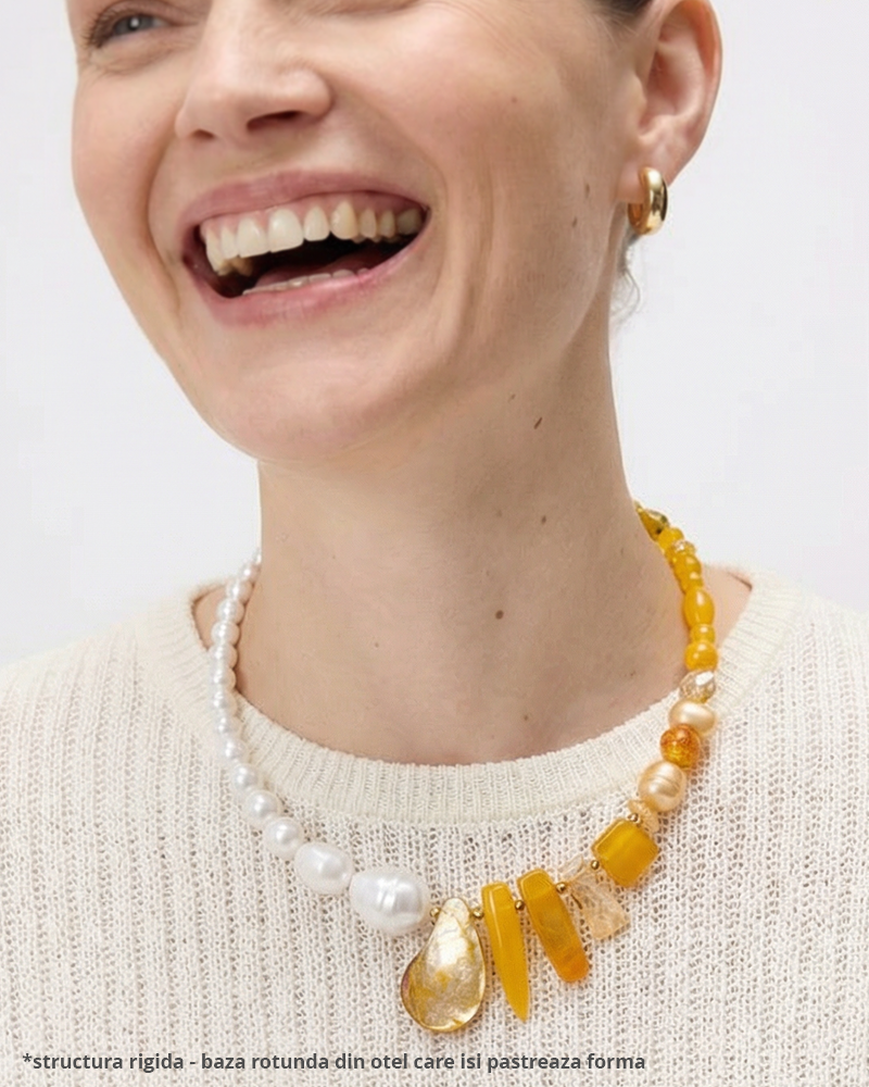 colier statement, perle naturale, pietre semipretioase, hematit, citrin, sidef, perle mallorca, agat, cristale, galben