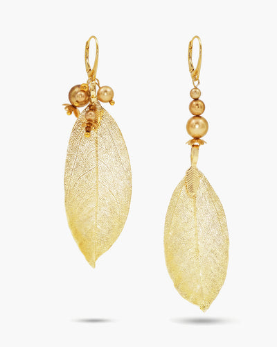 Fall For Me Gold - Cercei, Frunze Naturale Placate, Perle