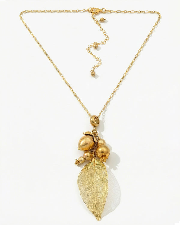 Fall For Me Gold - Colier Pandantiv, Frunze Naturale Placate, Perle