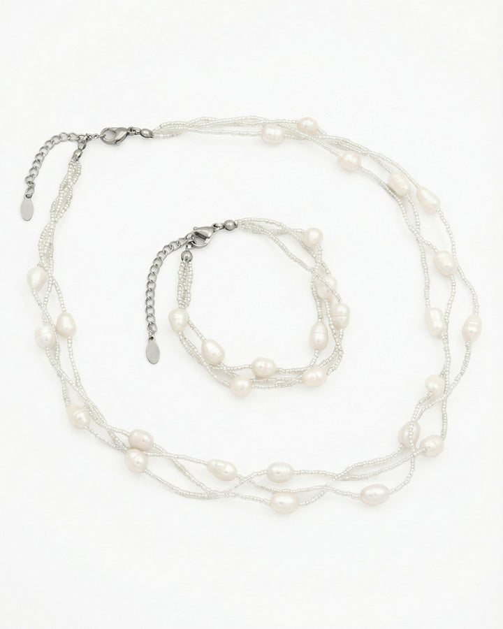 Pearl String - Set Perle Naturale De Cultura Albe/Albastre (Colier Si Bratara)
