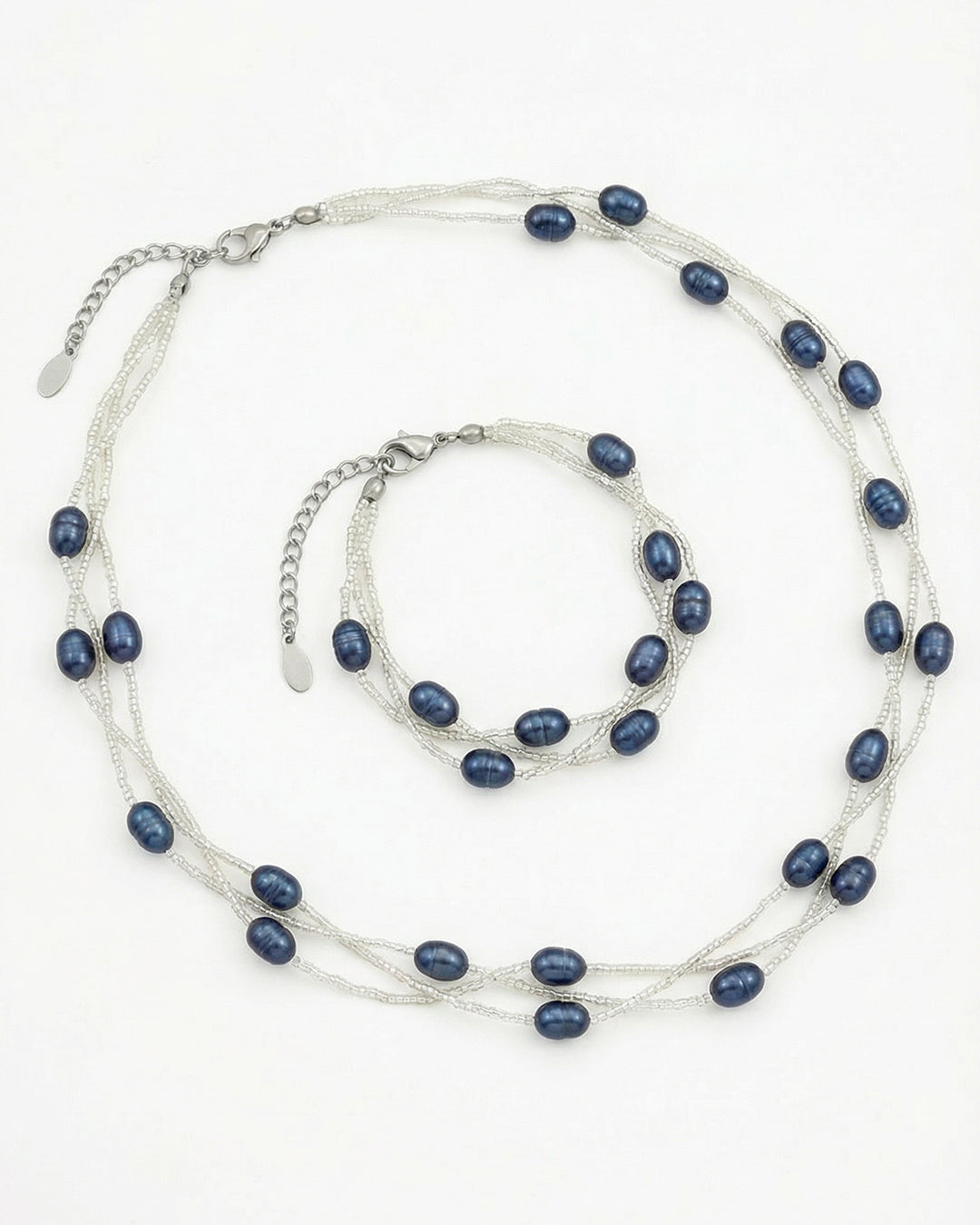 Pearl String - Set Perle Naturale De Cultura Albe/Albastre (Colier Si Bratara)