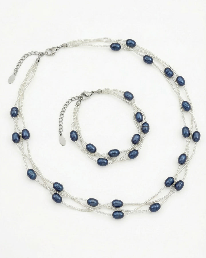 Pearl String - Set Perle Naturale De Cultura Albe/Albastre (Colier Si Bratara)