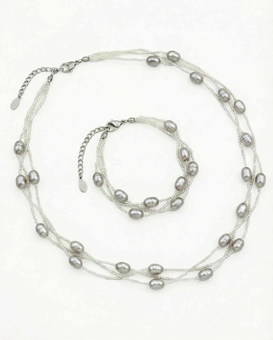 Pearl String - Set Perle Naturale De Cultura Albe/Albastre/Gri (Colier Si Bratara)