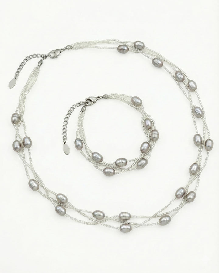 Pearl String - Set Perle Naturale De Cultura Albe/Albastre/Gri (Colier Si Bratara)