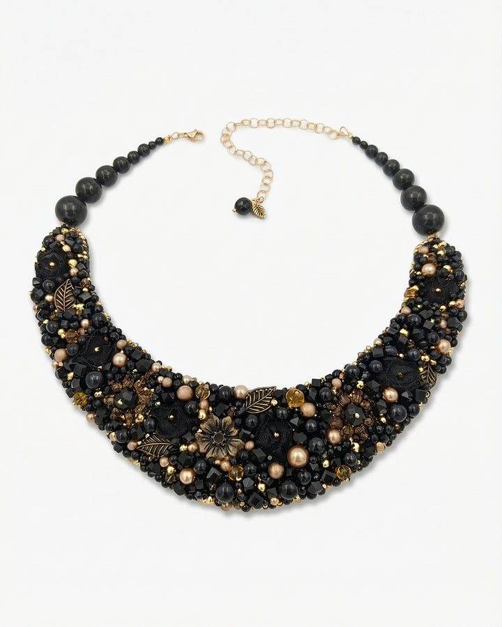 colier statement floral, onix, hematit, sidef, perle mallorca, cristale, piele naturala, voal chiffon, negru, bronz, fantezie