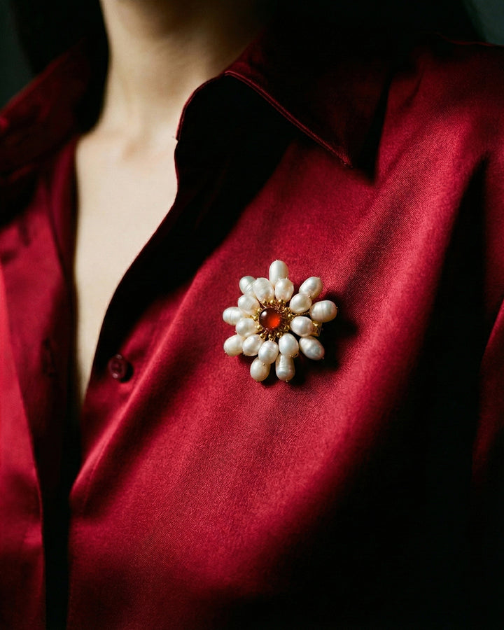 Pearly Fireworks - Brosa Statement, Piatra Carneol, Perle Naturale