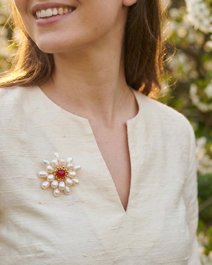 Pearly Fireworks - Brosa Statement, Piatra Carneol, Perle Naturale