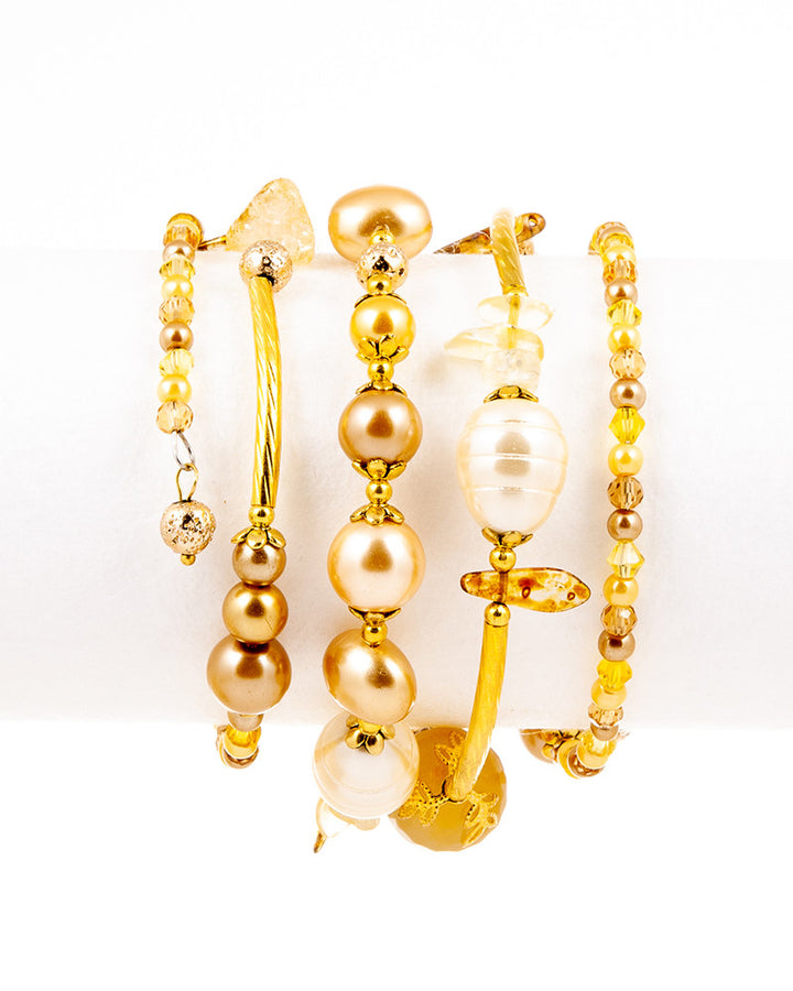 Pina Colada Embrace - Bratara Wrap, Baghete Arg 925 Placate Cu Aur, Perle, Pietre Semipretioase