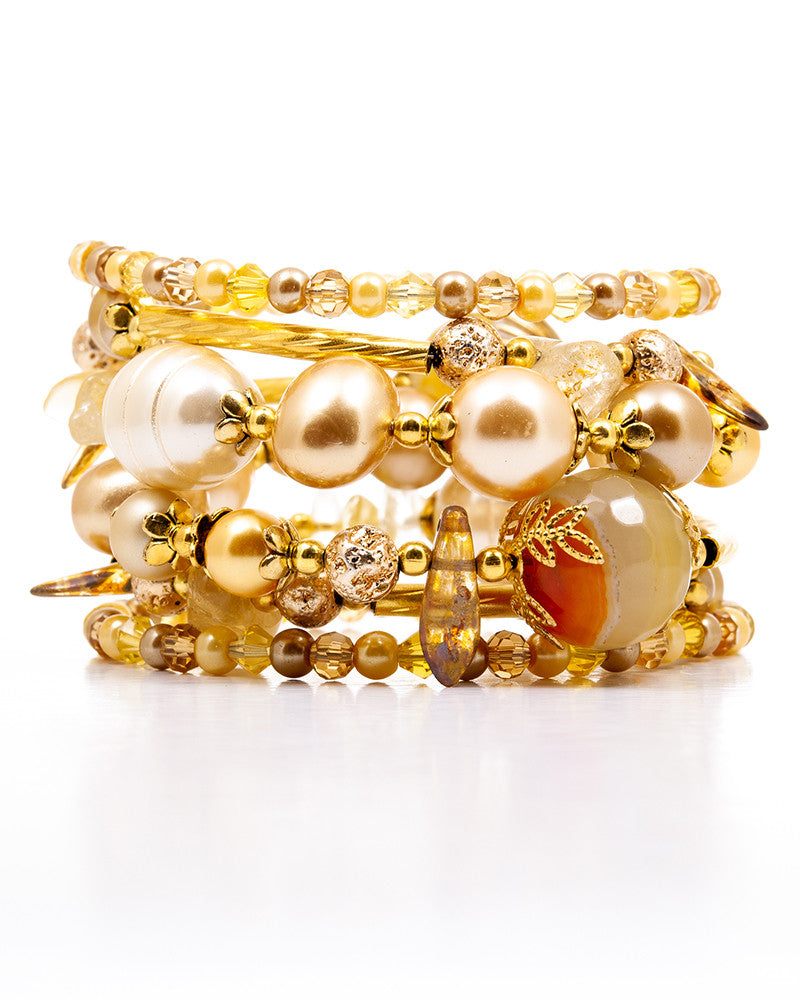 Pina Colada Embrace - Bratara Wrap, Baghete Arg 925 Placate Cu Aur, Perle, Pietre Semipretioase