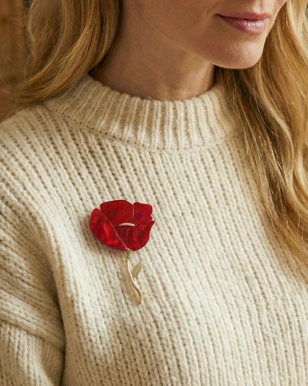 Scarlet Poppy - Set Brosa-Pandantiv Mac Rosu, Cu Colier Lant Si Coral