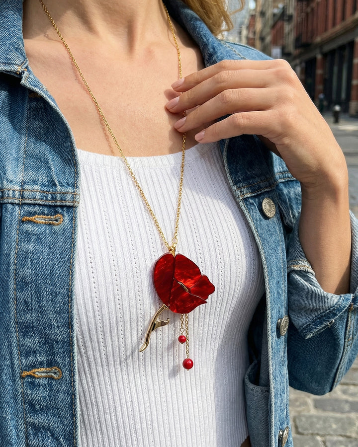 Scarlet Poppy - Set Brosa-Pandantiv Mac Rosu, Cu Colier Lant Si Coral