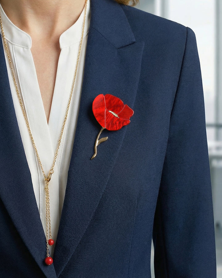 Scarlet Poppy - Set Brosa-Pandantiv Mac Rosu, Cu Colier Lant Si Coral