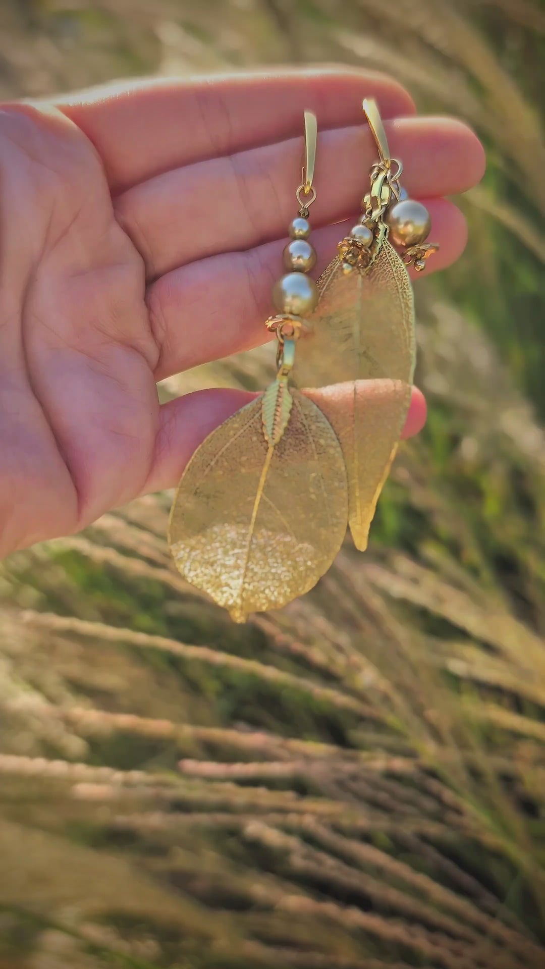 Fall For Me - Cercei, Frunze Naturale Placate, Perle