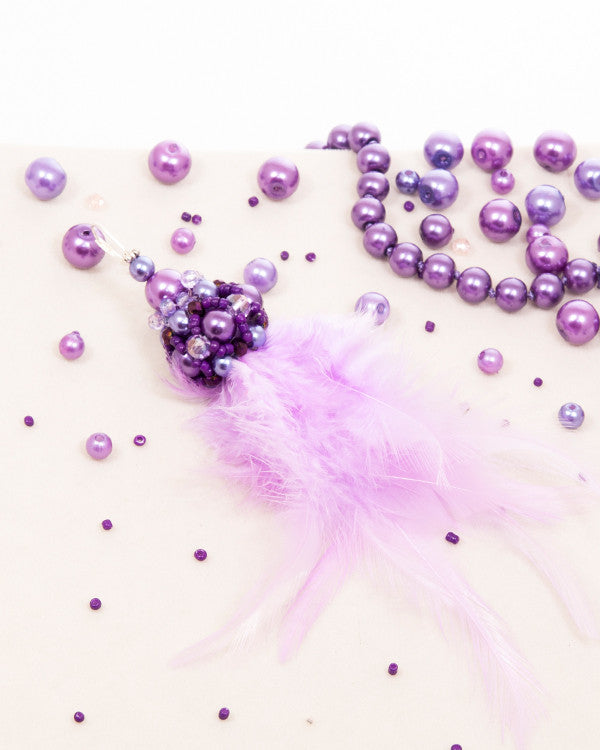 Purple Feather - Cercei Lungi Cu Pene, Tortite Argint 925
