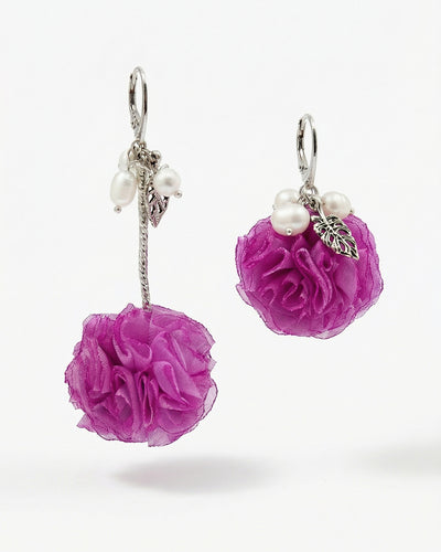 Magenta Pom Pom - Cercei Florali, Perle Naturale