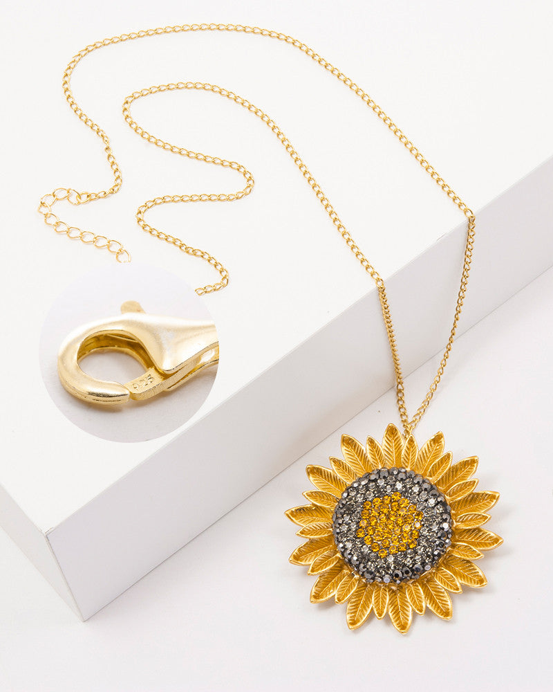 Sunflower Love - Brosa / Pandantiv Floarea Soarelui, Carabina Argint 925, Cristale Fatetate