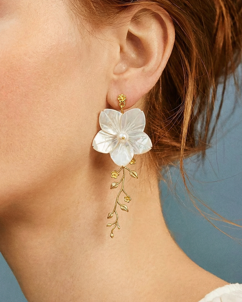 cercei floare sidef, perle mallorca, argint 925, alb, floral