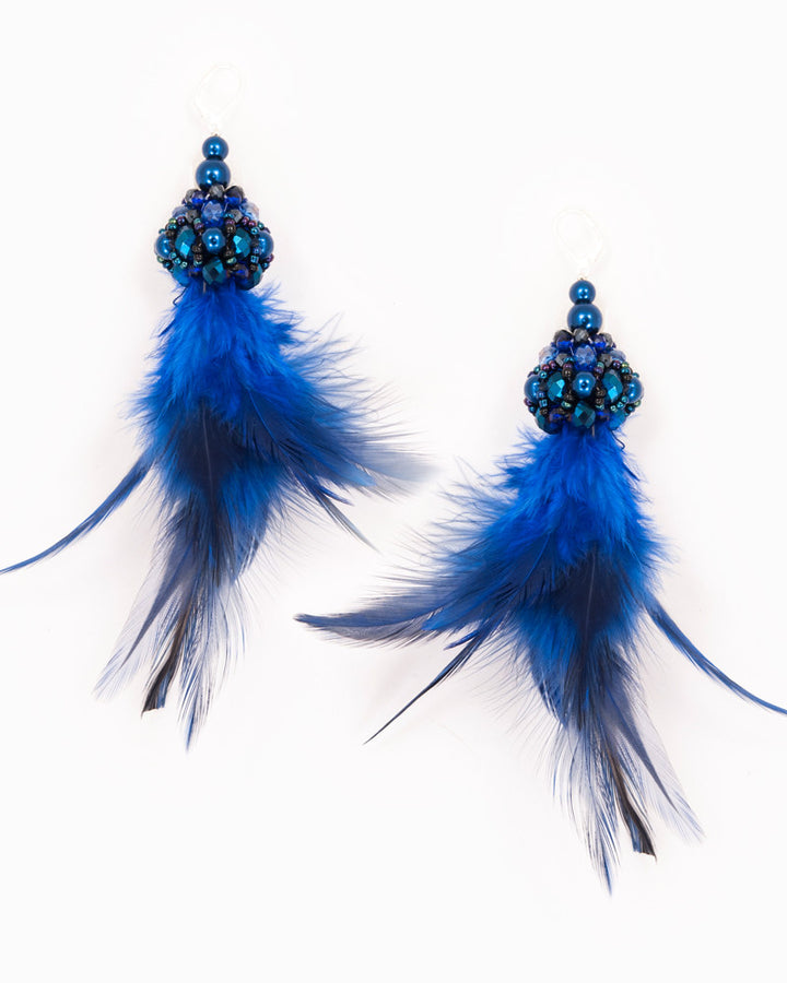 Blue Feather Drop - Cercei Lungi Cu Pene, Tortite Arg 925