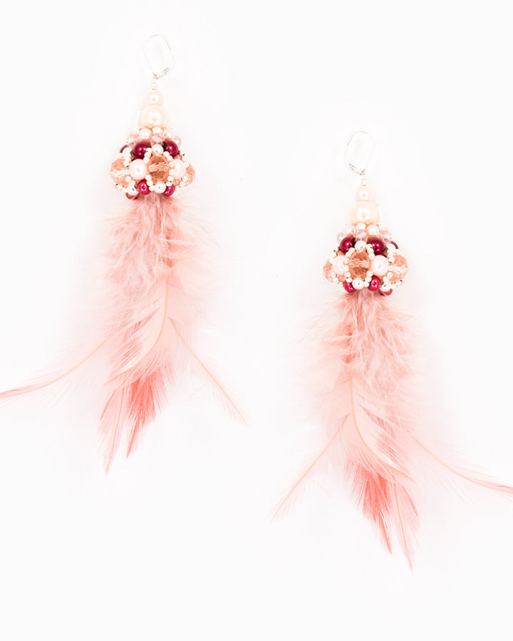 Pink Feather - Cercei Lungi Cu Pene, Tortite Argint 925